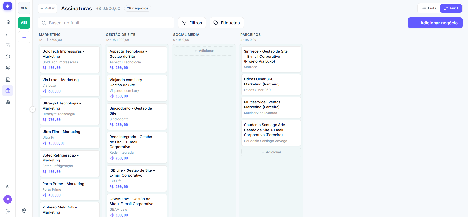 AppexCRM funil Kanban